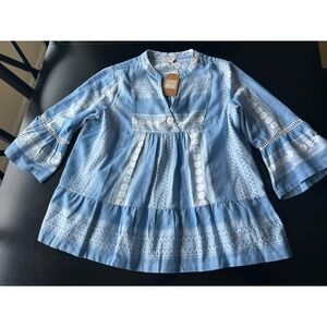 New Tru Luxe blue & white v-neck embroidered top XL 3/4 sleeve detail